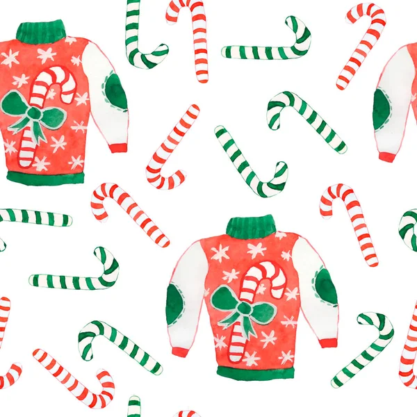 Aquarell nahtlose handgezeichnete Muster mit Weihnachten hässlichen Pullover Pullover. Rot grün traditionellen Farben für Neujahr Feier Hintergrund mit Stöcken Stechpalme Plätzchen Ornamente. Helles Retro-Design für — Stockfoto