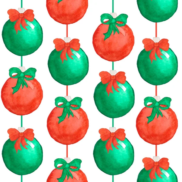 Akvarell hand dras sömlöst mönster med röd grön jul nyår dekorationer prydnader bågar. Retro traditionell bakgrund design tryck för vinter semester parti inslagning papper textil. — Stockfoto