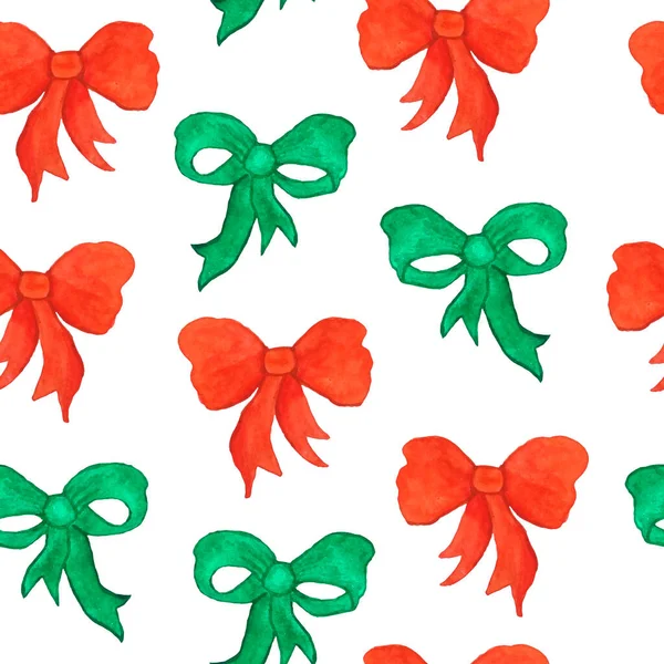 赤い緑のクリスマスの新年の装飾弓でシームレスなパターンを描いた水彩手。冬の休日パーティー包装紙繊維のためのレトロな伝統的な背景デザインプリント. — ストック写真