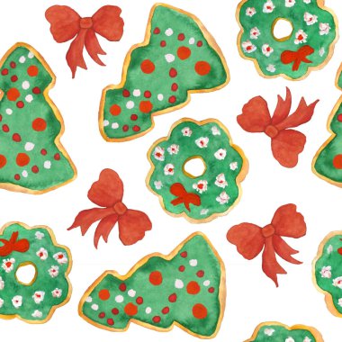 Yeni yıl kurabiyeleriyle sulu boya el çizimi, yeni yıl kurabiyeleriyle zencefilli ekmek adam çelengi, kar taneleri. Geleneksel kırmızı yeşil renklerde kutlama yemekleri. Komik kış geçmişi