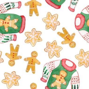 Noel çirkin kazağıyla sulu boya el çizimi desenli. Yeni yılı kutlamak için geleneksel kırmızı yeşil renkler ve çoban püskülü kurabiye süsleri. Parlak geçmişe dönük tasarım