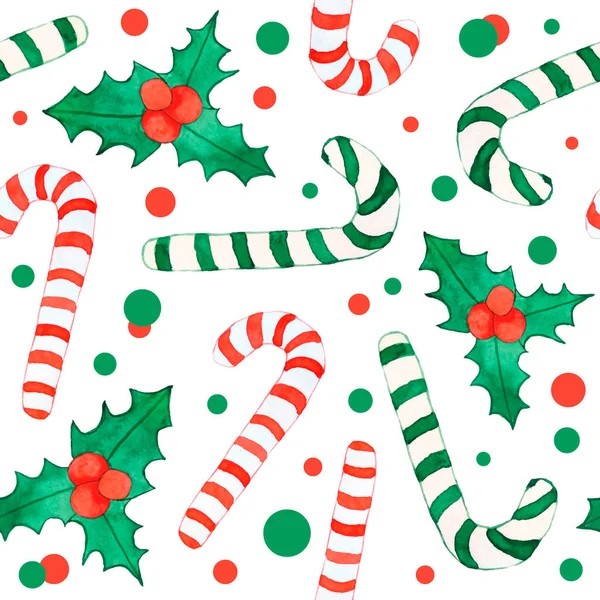 クリスマスのホリー植物の砂糖の杖とポルカドットの背景と水彩手描きシームレスなパターン。テキスタイル包装紙新年の装飾のための冬のお祝いパーティーデザイン. — ストック写真