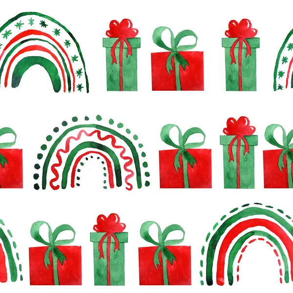 Watercolor mão desenhada sem costura padrão boho festivo arco-íris presentes caixas. elementos de Natal vermelho verde no fundo branco, festa festiva festa de inverno, engraçado abstrato tradicional — Fotografia de Stock