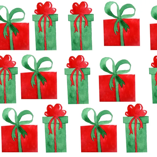 Akvarell kézzel rajzolt zökkenőmentes minta ajándék dobozok bemutatja íjak szalagok. Zöld piros karácsonyi elemek fehér háttér, ünnepi ünnep téli ünnep, vicces elvont hagyományos nyomtatott. — Stock Fotó