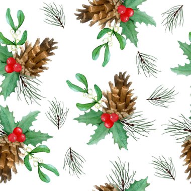 Noel bitkileriyle sulu boya el çizimi desenli kutsal çam ladin kozalaklı kozalaklı ağaç dalları. Kağıt tekstil yılı için beyaz zemin üzerinde zarif kış mumları