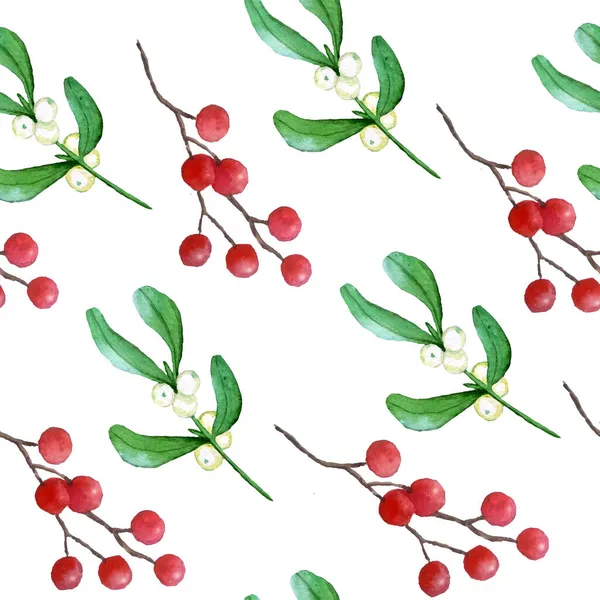 Akwarela bezszwowy ręcznie rysowane wzór z roślin bożonarodzeniowych świerk świerk gałązki ostrokrzewu jagody czerwone. Eleganckie świece zimowe na białym tle do pakowania papieru tekstylny nowy rok — Zdjęcie stockowe