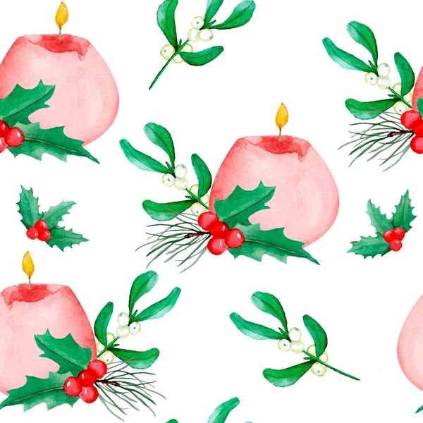 Акварель безшовний малюнок рук з ялинковими рослинами голлі соснові гілки хвойних ягід Холлі червоні ягоди. Елегантні зимові свічки на білому тлі для обгортання текстилю нового року — стокове фото