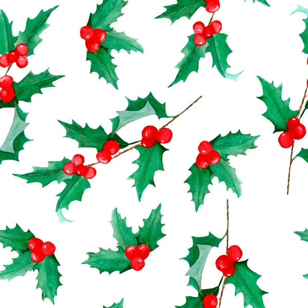 水彩画手绘图案，圣诞植物，冬青松树，云杉，针叶树，冬青浆果。白色背景上精致的冬季蜡烛，用于包装纸织物新年 — 图库照片