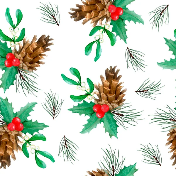 Aquarelle motif sans couture dessiné à la main avec des plantes de Noël houx pin épinette conifères branches houx baies rouges. Élégantes bougies d'hiver sur fond blanc pour le papier d'emballage textile nouvelle année — Photo