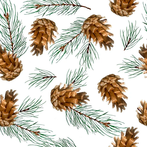水彩画手绘无缝图案，针叶树分枝和圆锥白色背景，圣诞冬季印刷用于纺织品包装纸，自然兰色绿色 — 图库照片