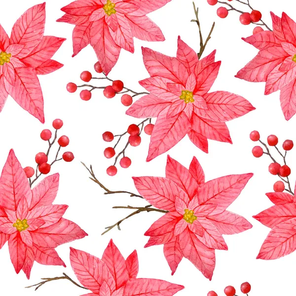 Aquarelle motif dessiné à la main sans couture avec rose fleur de poinsettia rouge, plante étoile de Noël conifères branches d'épinette de pin, ornement de décoration de nouvel an d'hiver, pour envelopper le papier textile floral — Photo