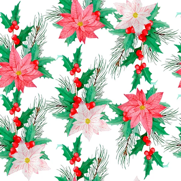 Aquarelle motif dessiné à la main sans couture avec rose fleur de poinsettia rouge, plante étoile de Noël conifères branches d'épinette de pin, ornement de décoration de nouvel an d'hiver, pour envelopper le papier textile floral — Photo