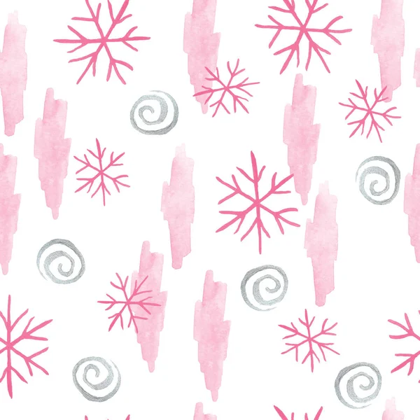 Patrón dibujado a mano sin costuras de acuarela con elementos de Navidad rosa, fondo boho moderno con adornos femeninos rubor copos de nieve medias formas abstractas, para envolver papel textil fiesta decoración —  Fotos de Stock