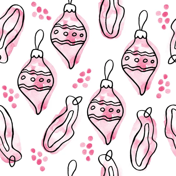 Aquarell nahtloses handgezeichnetes Muster mit pinkfarbenen Weihnachtselementen, moderner Boho-Hintergrund mit errötendem Girly-Ornament Schneeflocken-Strümpfe abstrakte Formen, zum Einwickeln von Papiertextilien Partydekoration — Stockfoto