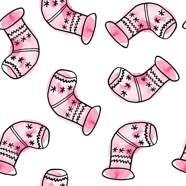 Padrão de mão sem costura aquarela desenhada com elementos de Natal rosa, fundo boho moderno com blush ornamentos femininos flocos de neve meias formas abstratas, para embrulhar papel têxtil festa decoração — Fotografia de Stock
