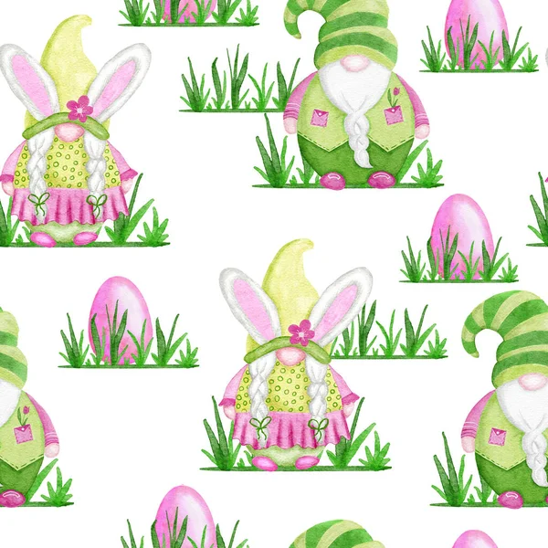 Aquarell handgezeichnete nahtlose Muster mit Osterrosa und grünen skandinavischen Gnomen Ostereier in Pastellfarben. Frühling Hintergrund im Cartoon-Stil für Textilverpackungspapier Einladungskarten. — Stockfoto