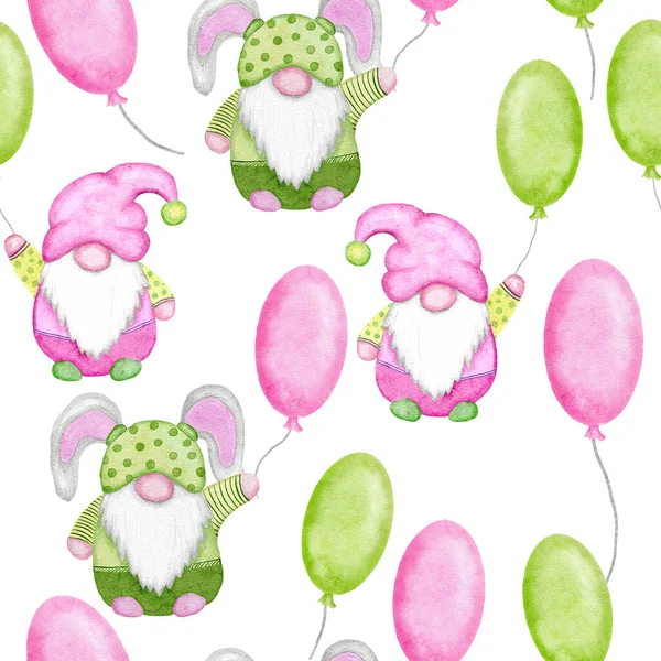 Padrão sem costura desenhado à mão aquarela com gnomos escandinavos rosa e verdes da Páscoa Ovos de Páscoa em cores pastel. Fundo de primavera no estilo dos desenhos animados para cartões de convite de papel de embalagem têxtil. — Fotografia de Stock