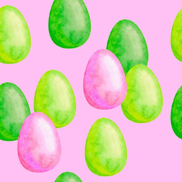 Акварель рука намальована безшовним візерунком з великодніми рожевими і зеленими яйцями в пастельних тонах. Весняний святковий фон в мультиплікаційному стилі для текстильних обгорткових паперових запрошень . — стокове фото