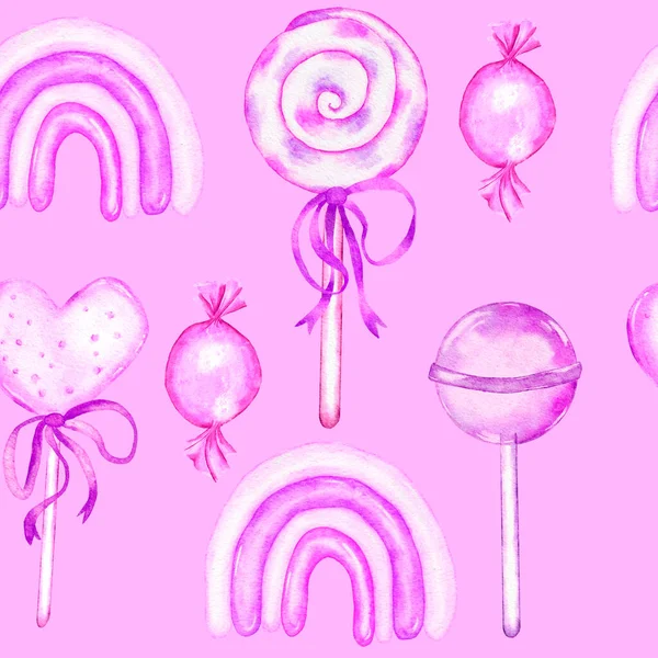 Padrão sem costura desenhado à mão aquarela com doces pastel rosa pirulito doces tinha açúcar algodão caramelo doce. Comida de sobremesa doce para festa de aniversário de menina. Impressão para papel de embrulho têxtil. — Fotografia de Stock