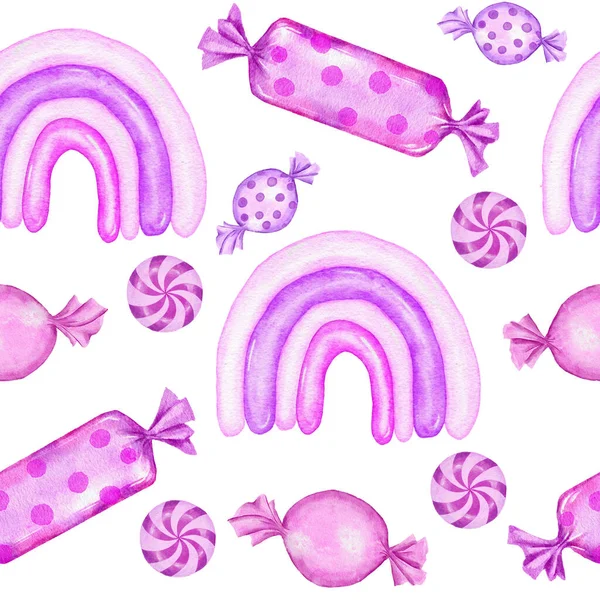 Aquarel hand getekend naadloos patroon met pastel roze lolly snoepjes snoepjes had suiker katoen snoep karamel. Lekker dessertvoedsel voor meisjesverjaardagsfeestje. Print voor inpakpapier textiel. — Stockfoto