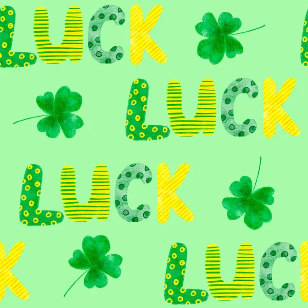 Patrón dibujado a mano sin costuras acuarela St Patricks Fondo del día, trébol irlandés verde, corazones de Irlanda esmeralda. Suerte diseño de la suerte para la decoración del partido textil, arco iris imprimir. —  Fotos de Stock