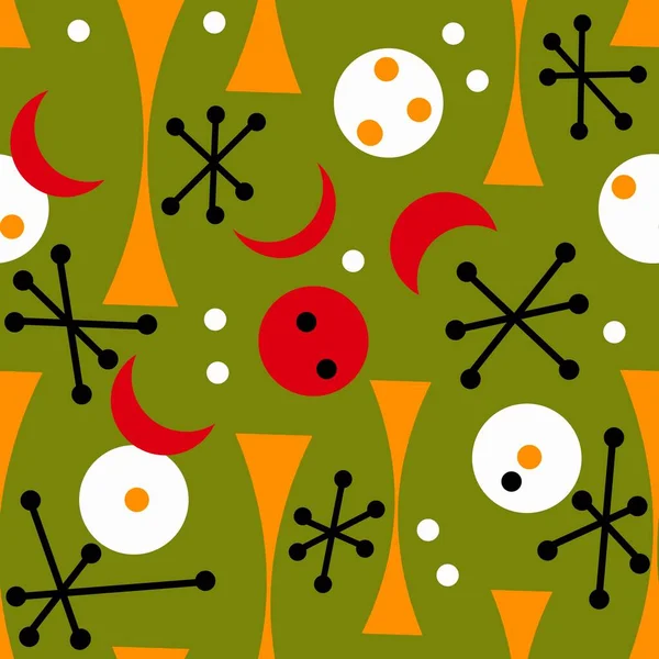 赤緑のオレンジの色で世紀半ば現代的なパターンを描いたシームレスな手。レトロヴィンテージ50 60ダイヤモンド原子年齢mcmパターンと抽象的な幾何学的な形状のテキスタイル壁紙の流行のデザイン. — ストック写真