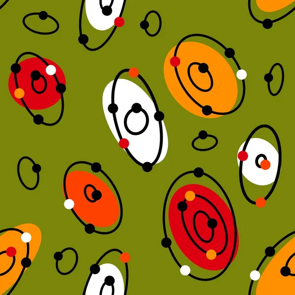 赤緑のオレンジの色で世紀半ば現代的なパターンを描いたシームレスな手。レトロヴィンテージ50 60ダイヤモンド原子年齢mcmパターンと抽象的な幾何学的な形状のテキスタイル壁紙の流行のデザイン. — ストック写真