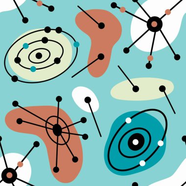 Yüzyılın ortalarında bej mavisi turkuaz siyah beyaz renklerle kusursuz bir el çizimi. Tekstil duvar kâğıdı için soyut geometrik şekillere sahip 50 'li yılların 60 atom çağı mcm kalıbı.