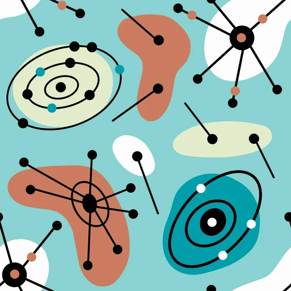 Yüzyılın ortalarında bej mavisi turkuaz siyah beyaz renklerle kusursuz bir el çizimi. Tekstil duvar kâğıdı için soyut geometrik şekillere sahip 50 'li yılların 60 atom çağı mcm kalıbı.