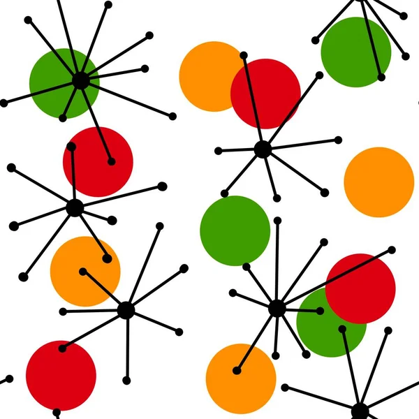 Mão sem costura desenhado meados do século padrão moderno em vermelho verde laranja cores. Retro vintage 50s 60 diamante atômica idade mcm padrão com formas geomêntricas abstratas para o projeto da moda papel de parede têxtil. — Fotografia de Stock