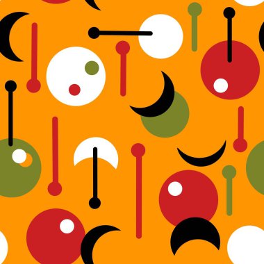 Kusursuz el çizimi, yüzyılın ortalarında kırmızı yeşil turuncu renkli modern desen. Tekstil duvar kâğıdı tasarımı için soyut geomentrik şekillere sahip 50 'li yılların 60 elmas atomik çağı mcm kalıbı.