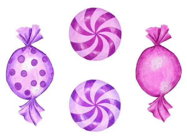 Acuarelă mână desenată ilustrație izolată de bomboane roz violet, bomboane pastelate dulciuri desert. Mâncare de petrecere strălucitoare, elemente pentru decorul de duș pentru copii de ziua de naștere. vârtej acadea bonbon de zahăr tare în polka — Fotografie, imagine de stoc