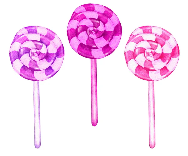 Watercolor hand drawn isolated illustration of pink purple candy, pastel candies sweets dessert. Bright party food, elements for birthday baby shower decor. Swirl lollipop hard sugar bonbon in polka — Stock Photo, Image