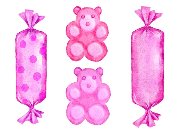 Aquarel hand getekend geïsoleerde illustratie van roze paars snoep, pastel snoepjes snoep dessert. Helder feestvoedsel, elementen voor verjaardagsfeestjes. Draai lolly harde suiker bonbon in polka — Stockfoto