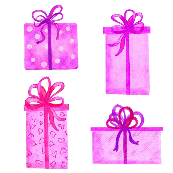 Ilustración dibujada a mano en acuarela de cajas de regalo fucsia rosa púrpura. Brillante lila cumpleaños regalos celebración sorpresa. Paquetes de envoltura femenina con corazones de lunares. Arcos de codo. — Foto de Stock