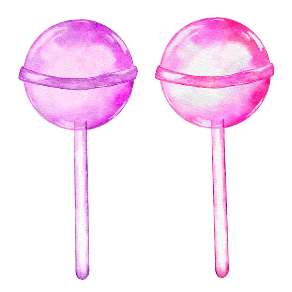 Aquarel hand getekend geïsoleerde illustratie van roze paars snoep, pastel snoepjes snoep dessert. Helder feestvoedsel, elementen voor verjaardagsfeestjes. Draai lolly harde suiker bonbon in polka — Stockfoto
