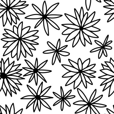 Siyah ve beyaz çiçekli kusursuz el çizimi deseni çiçek açan bitkisel elementler yaprak dalları çiçek açar. Minimalist tek renkli papatya çiçekleri beyaz arka planda, tekstil duvar kağıdı için.