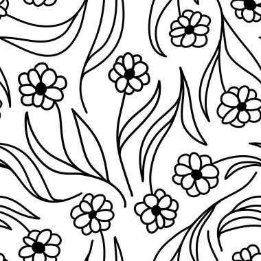 Siyah ve beyaz çiçekli kusursuz el çizimi deseni çiçek açan bitkisel elementler yaprak dalları çiçek açar. Minimalist tek renkli papatya çiçekleri beyaz arka planda, tekstil duvar kağıdı için.