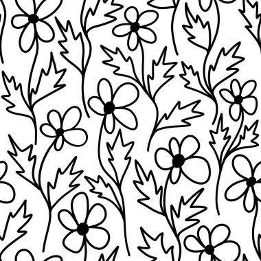 Siyah ve beyaz çiçekli kusursuz el çizimi deseni çiçek açan bitkisel elementler yaprak dalları çiçek açar. Minimalist tek renkli papatya çiçekleri beyaz arka planda, tekstil duvar kağıdı için.