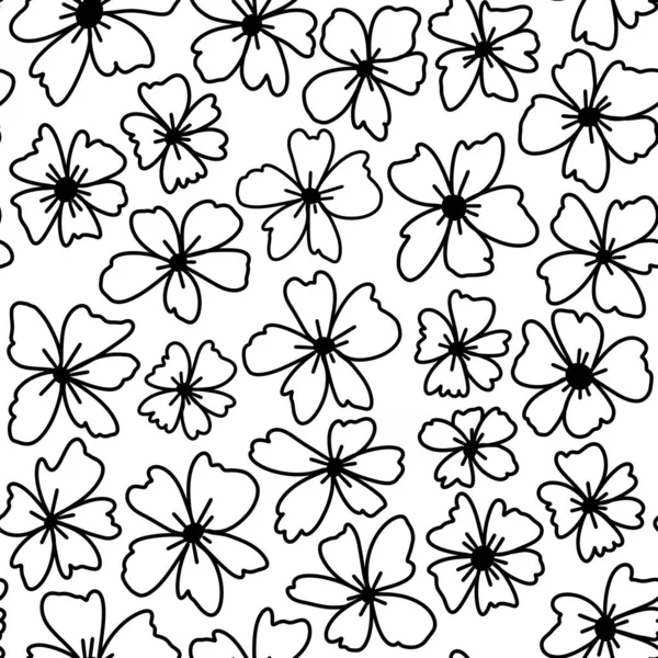 Nahtloses handgezeichnetes Muster mit schwarzen und weißen Blüten, florale botanische Elemente, Blätter Zweigblüte. Minimalistische monochrome Gänseblümchen-Rosenblütenpflanzen auf weißem Hintergrund, für Textiltapeten — Stockfoto