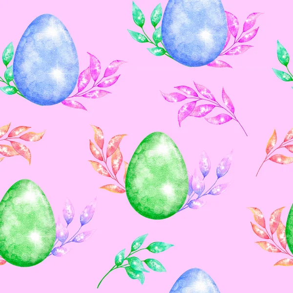 Watercolor seamless hand drawn pattern with Easter eggs bunnies on glitter shimmer shiny texture, magic mystic crystals floral leaves elements. Pastel pink blue purple green spring holiday background — Stock Photo, Image