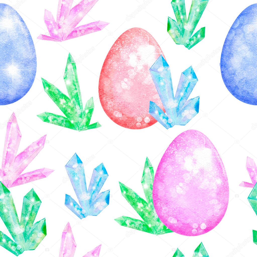 Watercolor seamless hand drawn pattern with Easter eggs bunnies on glitter shimmer shiny texture, magic mystic crystals floral leaves elements. Pastel pink blue purple green spring holiday background