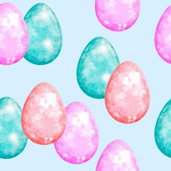 Watercolor seamless hand drawn pattern with Easter eggs bunnies on glitter shimmer shiny texture, magic mystic crystals floral leaves elements. Pastel pink blue purple green spring holiday background — Stock Photo, Image