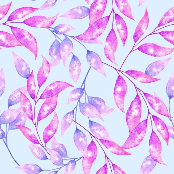Акварель рука намальована безшовним візерунком з рожево-фіолетовим блиском блискучих квіткових гілок, листя. Елегантний садовий орнамент на синьому фоні з кристалами текстури містична магічна концепція . — стокове фото