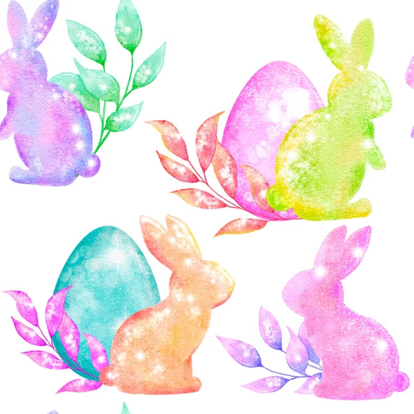 Watercolor seamless hand drawn pattern with Easter eggs bunnies on glitter shimmer shiny texture, magic mystic crystals floral leaves elements. Pastel pink blue purple green spring holiday background — Stock Photo, Image