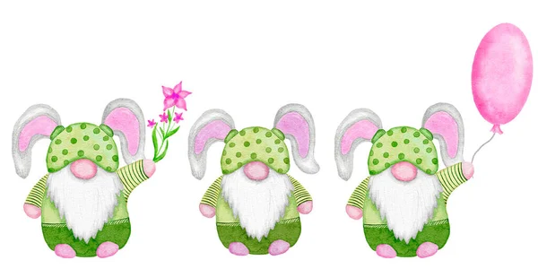Paskalya cücelerinin tatlı kawaii pembesi ve yeşil elbiseleriyle suluboya el çizimleri. Çiçekli İskandinav grnomes balonları tavşan kulakları. Paskalya partisi davetiyeleri için komik kartlar tasarla. — Stok fotoğraf