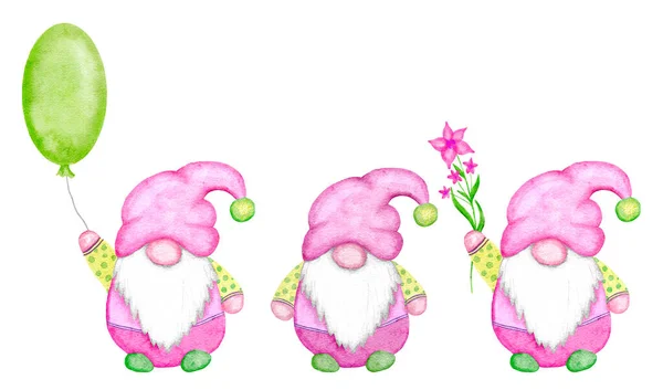 Водокольорова рука малювала ілюзії пасхальних гномів у гарному рожево-зеленому одязі каваї. Скандинавські північні грими з квітковими кульками-кроликами. Дизайн пасхальної вечірки запрошує смішні картки.. — стокове фото
