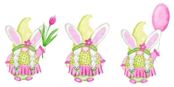 Watercolor hand drawn illsutation of Easter gnomes in cute kawaii pink and green clothes. Scandinavian nordic grnomes with flowers balloons bunny ears. Design for easter party invitations funny cards. — Stock Photo, Image