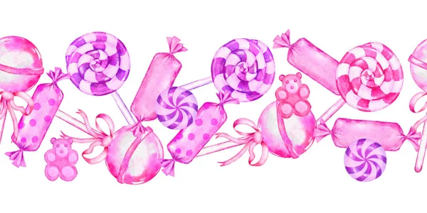 Nahtlos von Hand gezogene horizontale Grenze aus rosa Süßigkeiten Lutscher Kaugummi Dessert Party Feier. Mädchen Geburtstag Urlaub Design. — Stockfoto