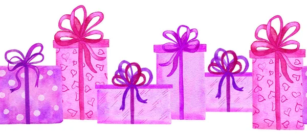 Acuarela dibujada a mano sin costuras borde horizontal ilustración de rosa púrpura fucsia cajas de regalo. Brillante lila cumpleaños regalos celebración sorpresa. Paquetes de envoltura femenina con corazones lunares. — Foto de Stock